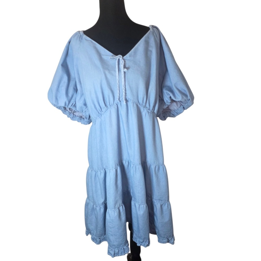 Jessica Simpson Adalle Womens 4X Chambray Smocked Tiered Puff Sleeve Mini Dress